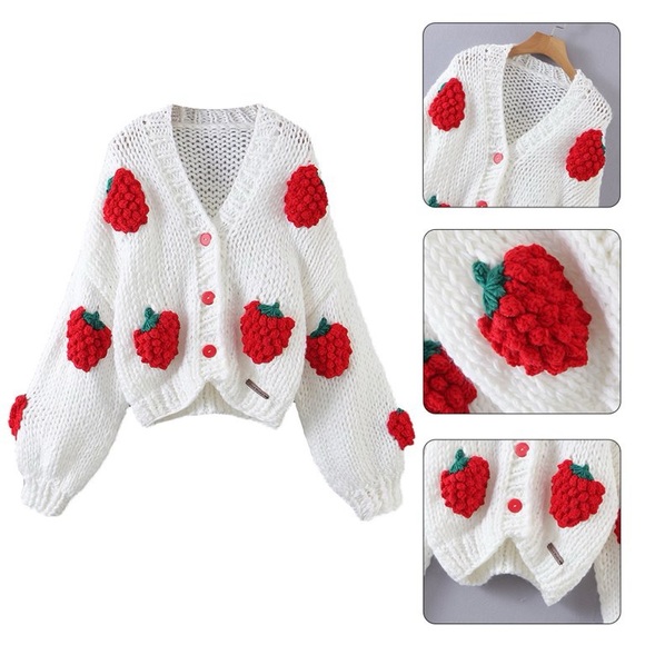 Long Sleeve Handmade Crochet 🍓 Strawberry 🍓 Sweater Knitted Cardigan Harajuku - Picture 3 of 4